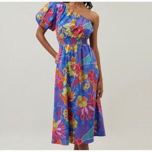 Sugarlips Blue Floral One Shoulder Puff Sleeve Smocked Waist Midi Dress Sz M